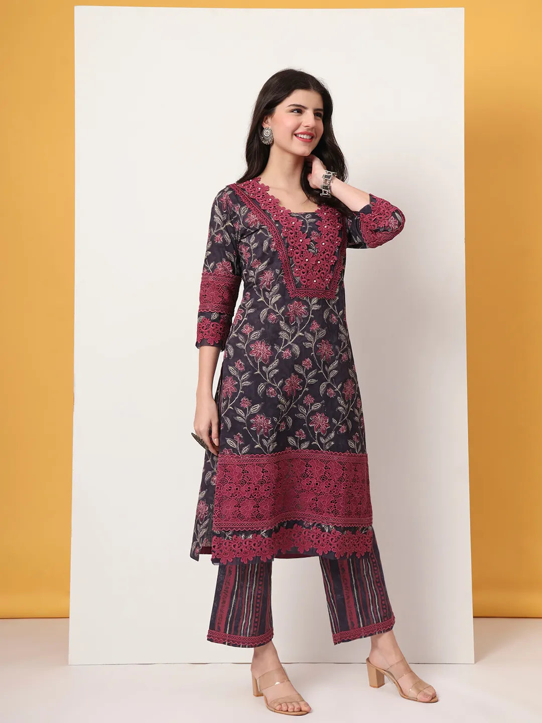 Yufta Cotton Purple Kurta Dupatta Set With Lace Detailing | Grocsy