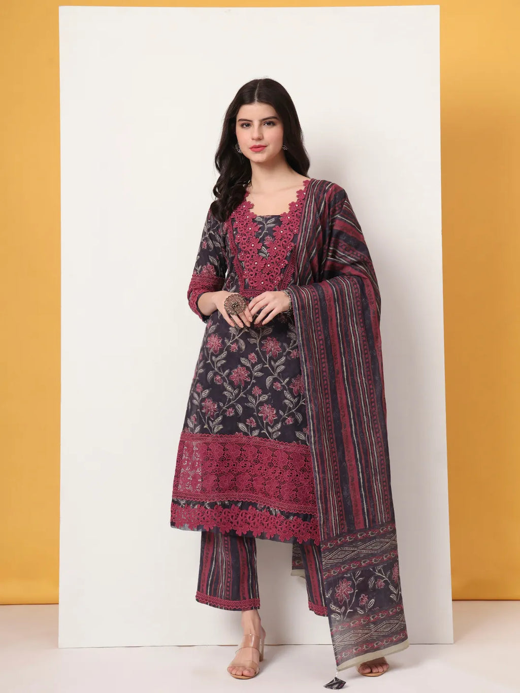 Yufta Cotton Purple Kurta Dupatta Set With Lace Detailing | Grocsy