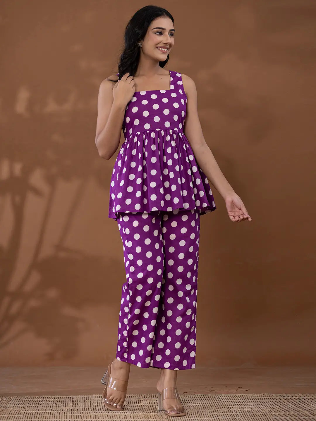 Yufta Cotton Purple Polka Dot Co-Ord Set | Grocsy