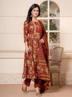 Yufta Cotton Red Anarkali Dupatta Set | Grocsy