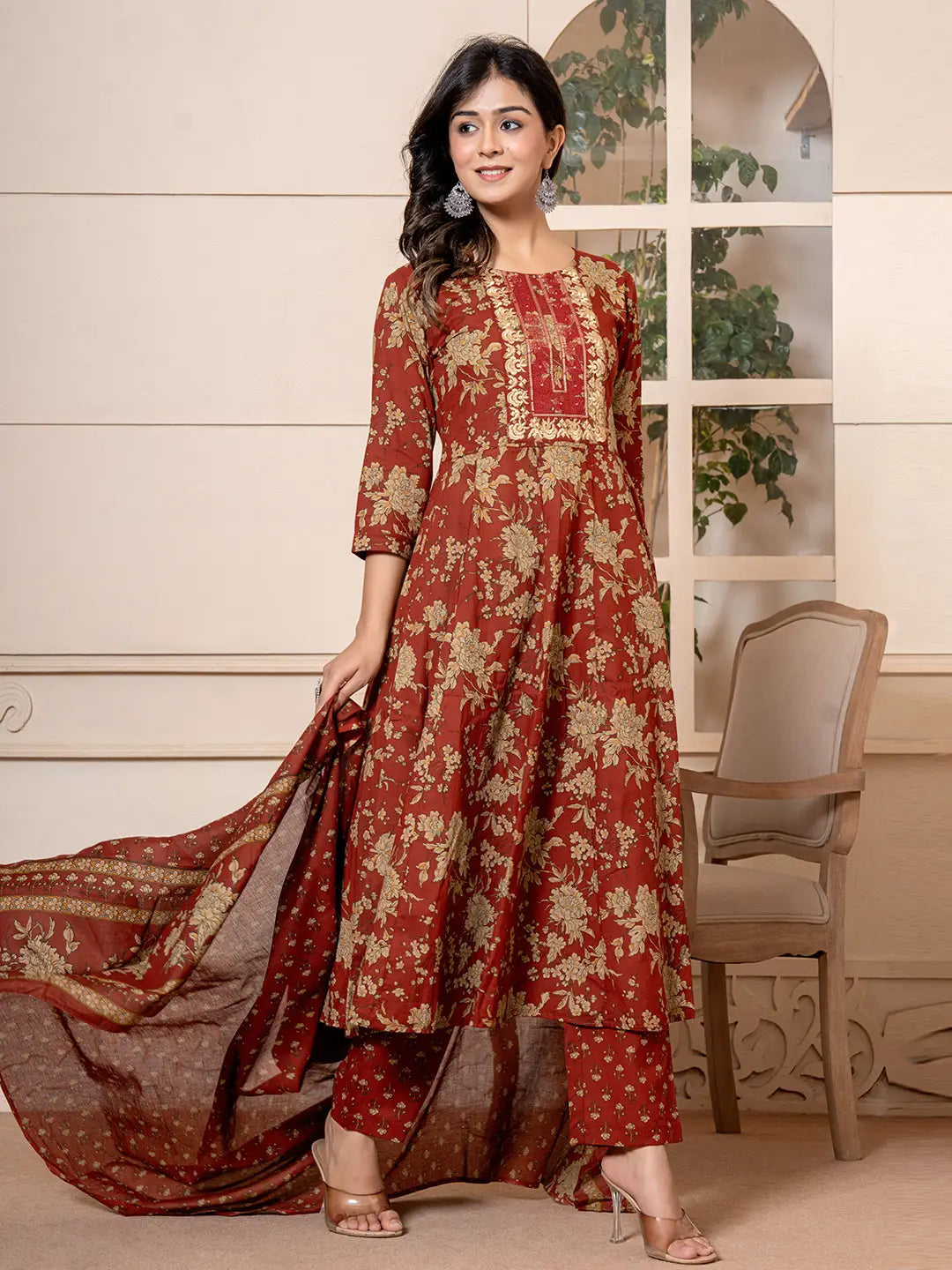 Yufta Cotton Red Anarkali Dupatta Set | Grocsy