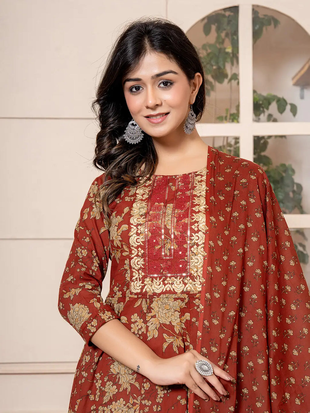 Yufta Cotton Red Anarkali Dupatta Set | Grocsy
