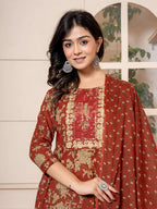 Yufta Cotton Red Anarkali Dupatta Set | Grocsy