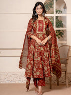 Yufta Cotton Red Anarkali Dupatta Set | Grocsy