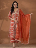 Yufta Cotton Rust Anarkali Ethnic Motifs Kurta Dupatta Set | Grocsy