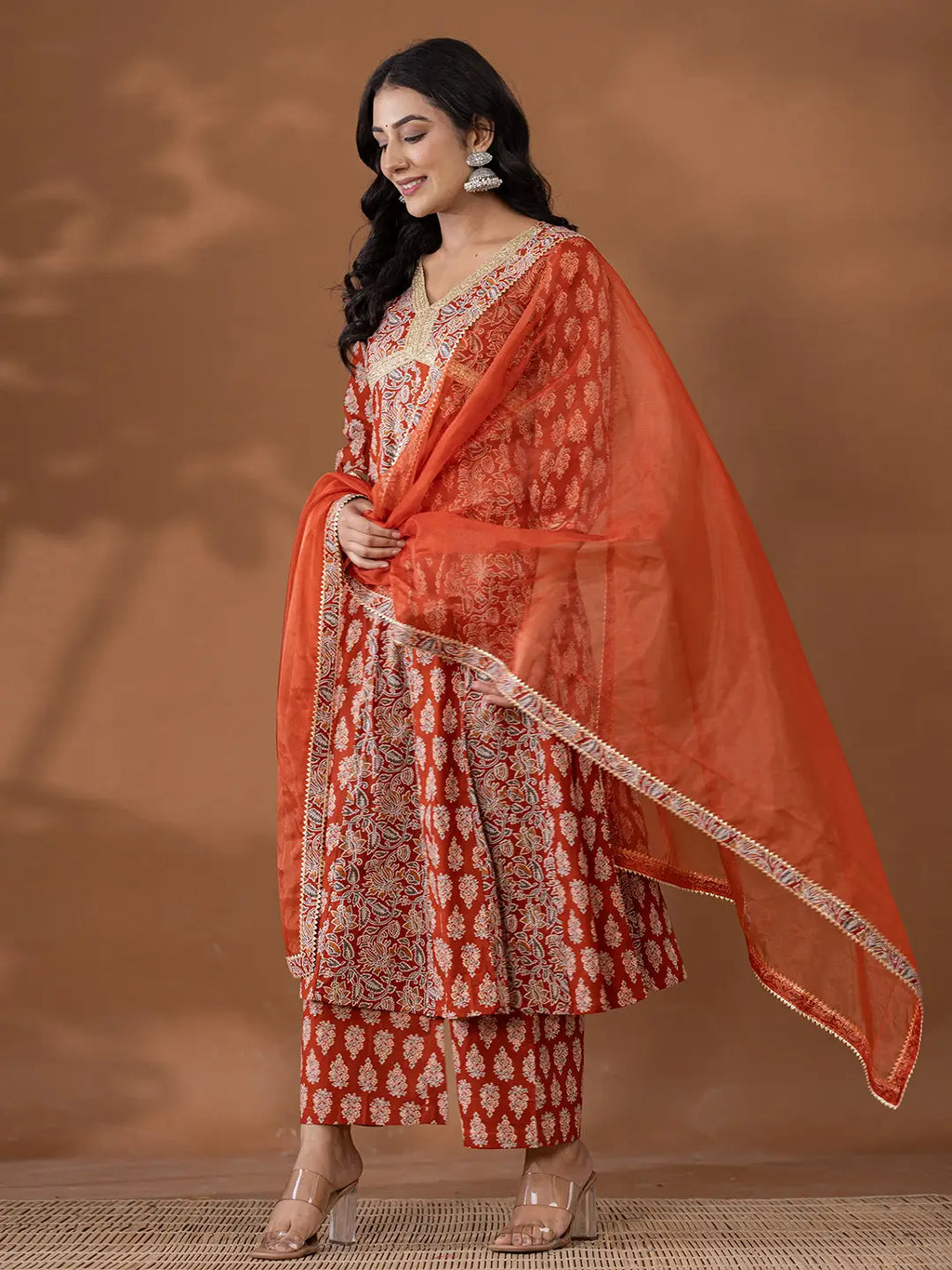 Yufta Cotton Rust Anarkali Ethnic Motifs Kurta Dupatta Set | Grocsy