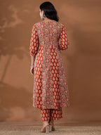 Yufta Cotton Rust Anarkali Ethnic Motifs Kurta Dupatta Set | Grocsy