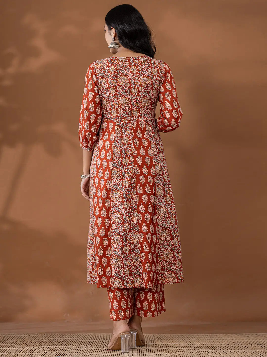 Yufta Cotton Rust Anarkali Ethnic Motifs Kurta Dupatta Set | Grocsy
