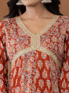 Yufta Cotton Rust Anarkali Ethnic Motifs Kurta Dupatta Set | Grocsy