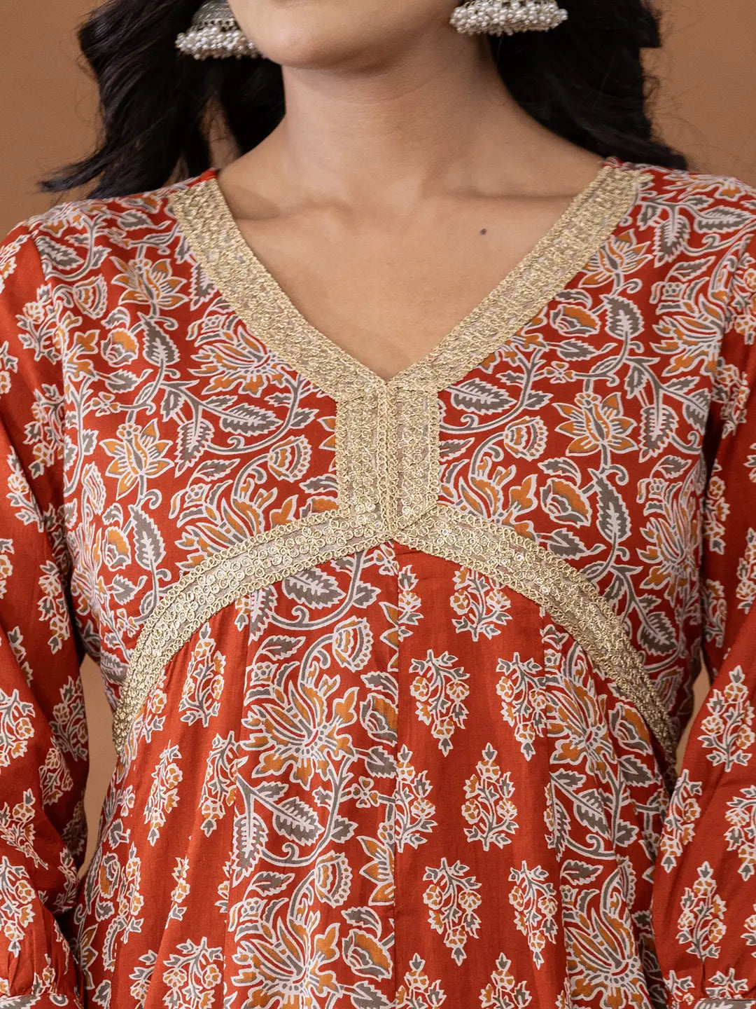 Yufta Cotton Rust Anarkali Ethnic Motifs Kurta Dupatta Set | Grocsy