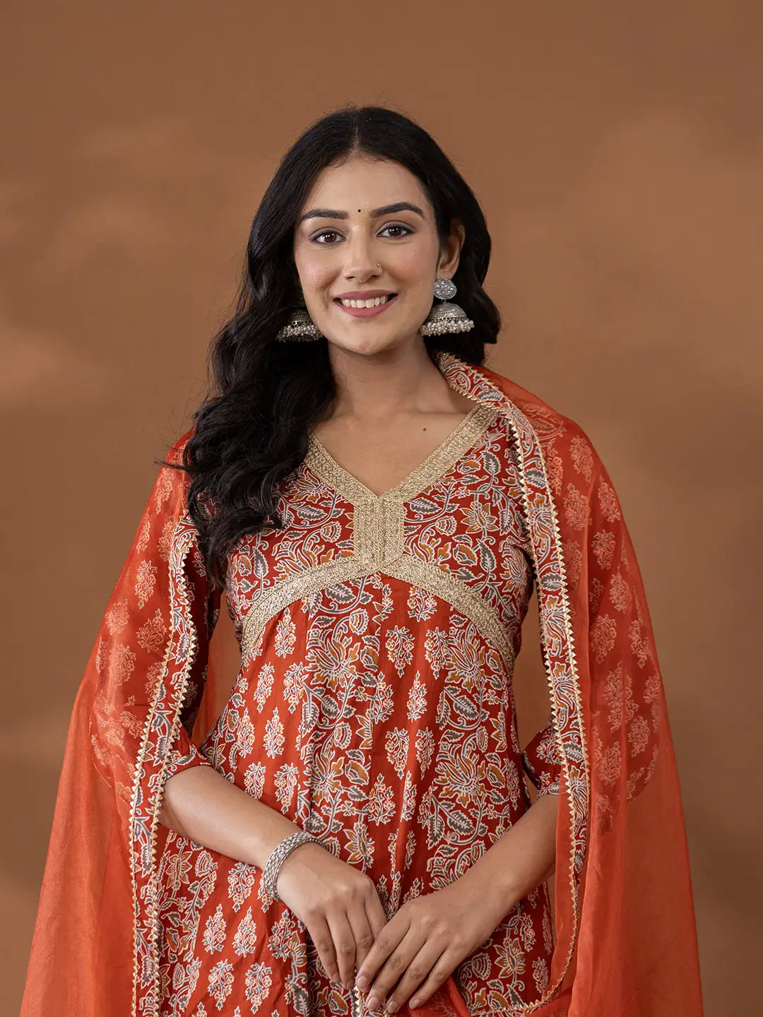 Yufta Cotton Rust Anarkali Ethnic Motifs Kurta Dupatta Set | Grocsy