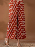 Yufta Cotton Rust Anarkali Ethnic Motifs Kurta Dupatta Set | Grocsy