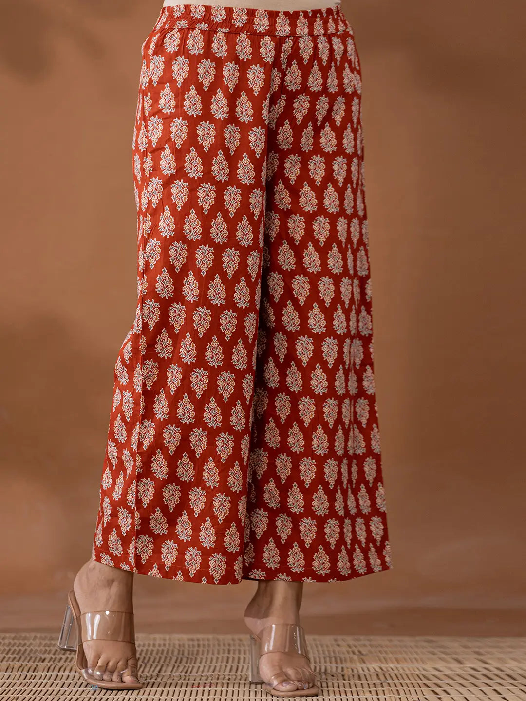 Yufta Cotton Rust Anarkali Ethnic Motifs Kurta Dupatta Set | Grocsy