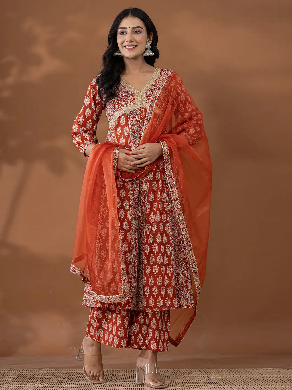 Yufta Cotton Rust Anarkali Ethnic Motifs Kurta Dupatta Set | Grocsy