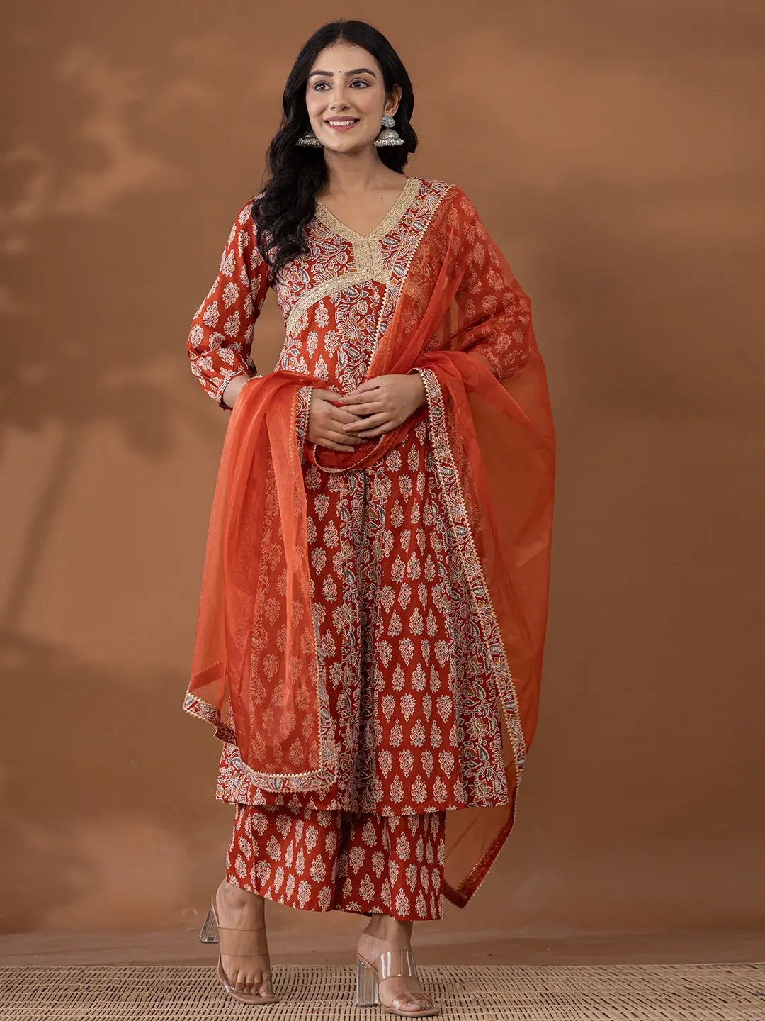 Yufta Cotton Rust Anarkali Ethnic Motifs Kurta Dupatta Set | Grocsy