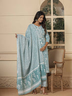 Yufta Cotton Sea Green Sequins_Work Straight Kurta Dupatta Set | Grocsy