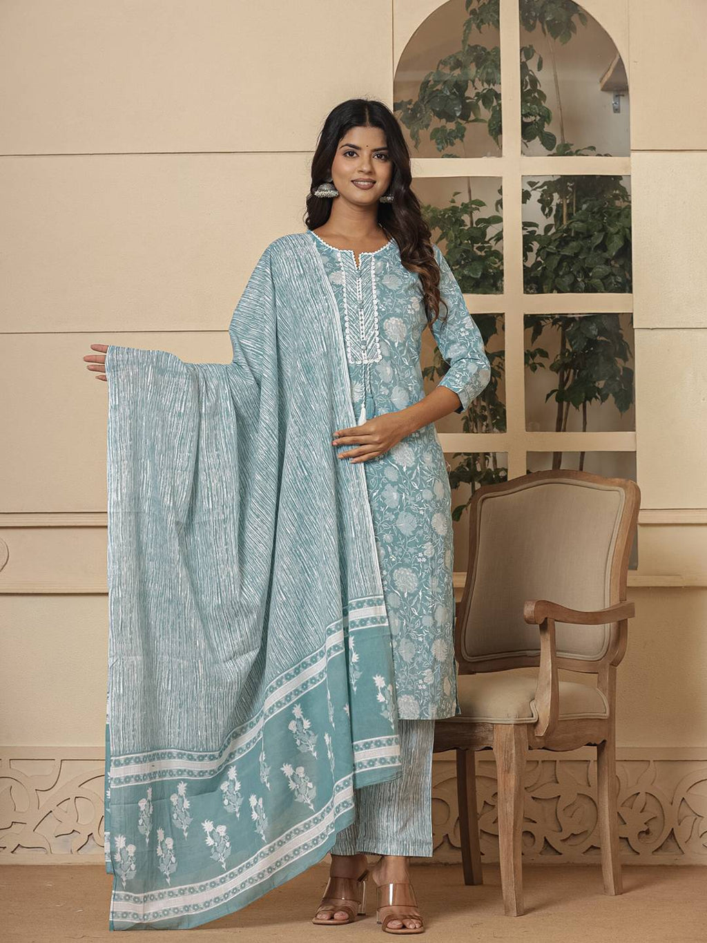 Yufta Cotton Sea Green Sequins_Work Straight Kurta Dupatta Set | Grocsy