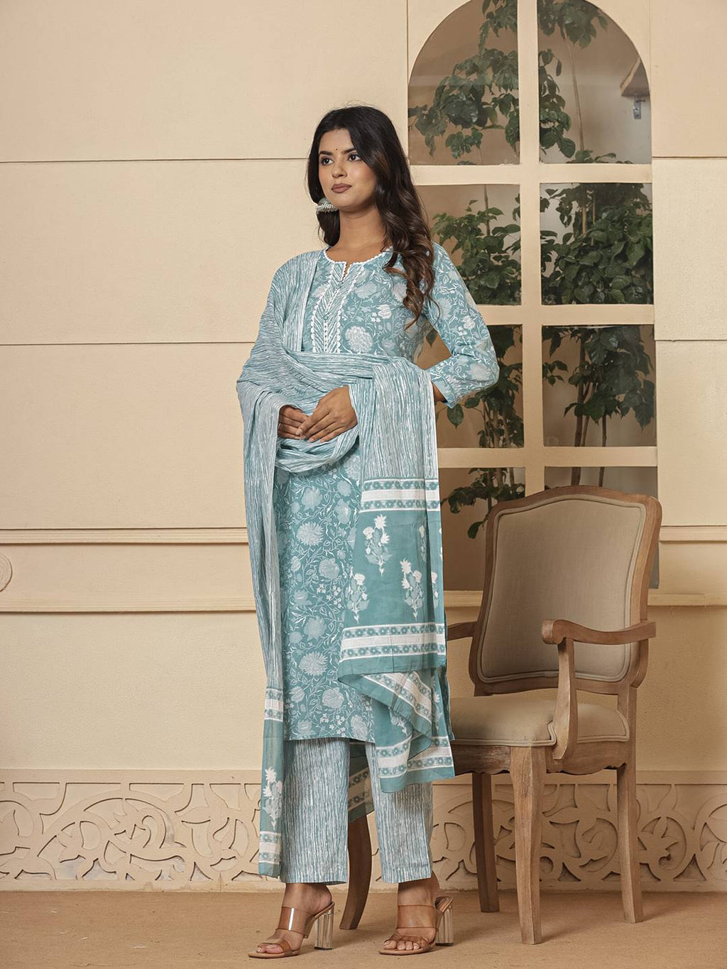 Yufta Cotton Sea Green Sequins_Work Straight Kurta Dupatta Set | Grocsy