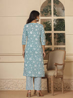 Yufta Cotton Sea Green Sequins_Work Straight Kurta Dupatta Set | Grocsy