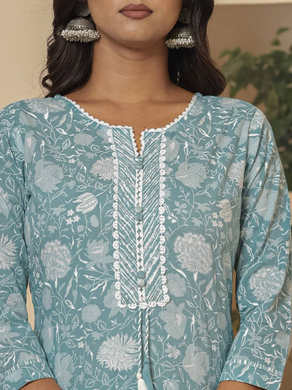 Yufta Cotton Sea Green Sequins_Work Straight Kurta Dupatta Set | Grocsy
