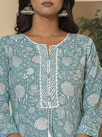 Yufta Cotton Sea Green Sequins_Work Straight Kurta Dupatta Set | Grocsy