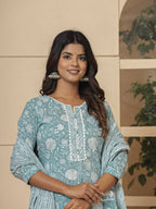 Yufta Cotton Sea Green Sequins_Work Straight Kurta Dupatta Set | Grocsy