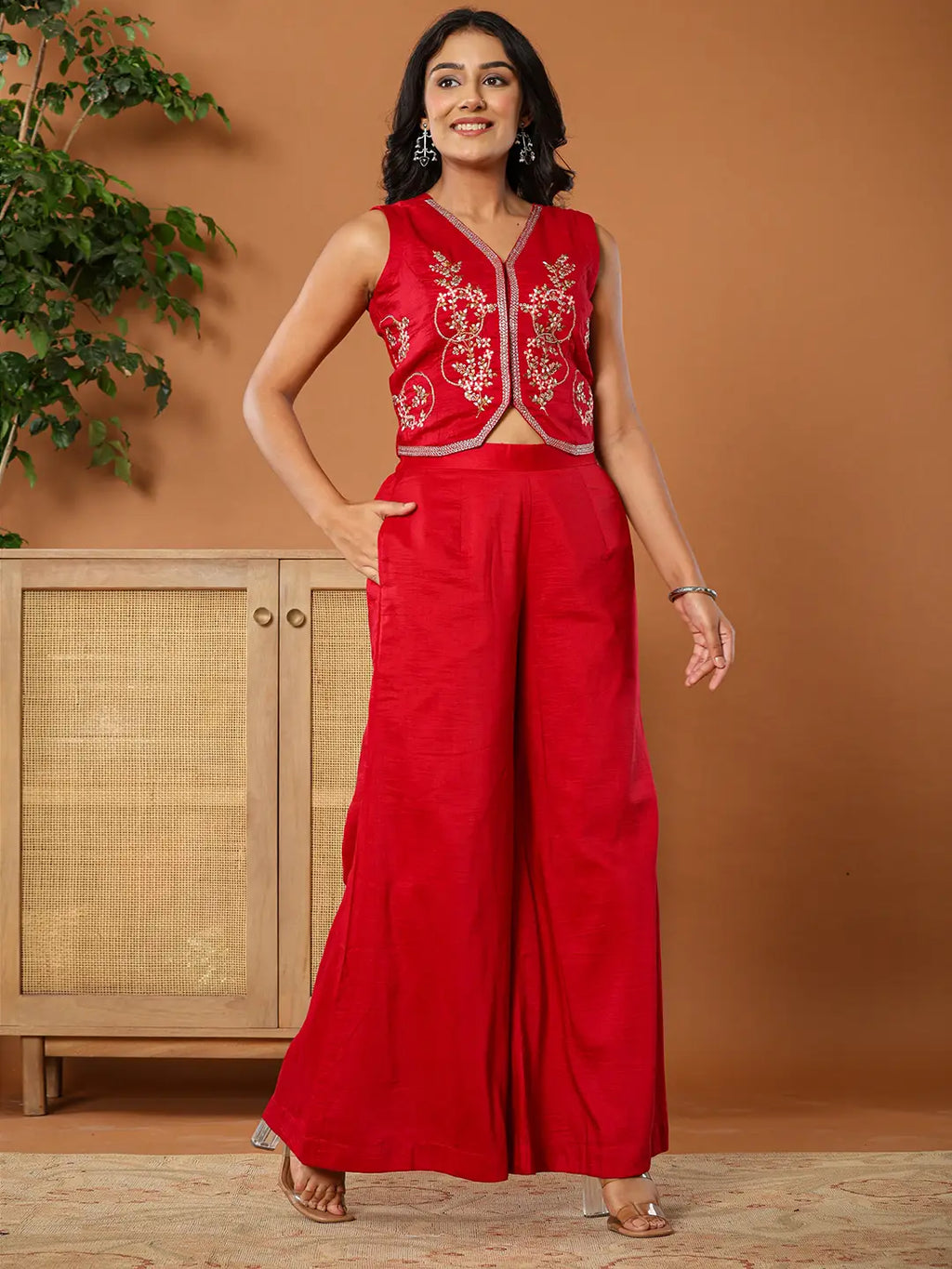 Yufta Cotton Silk Waist Coat Co-Ord Set With Attached Cotton Lining | Grocsy