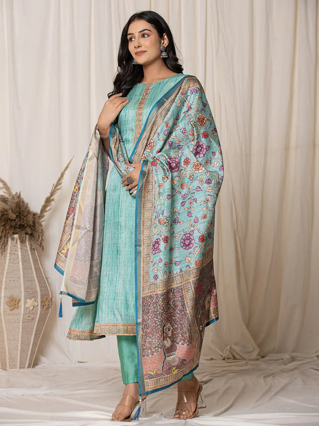 Yufta Cotton Sky Blue A-Line Kurta Dupatta Set | Grocsy