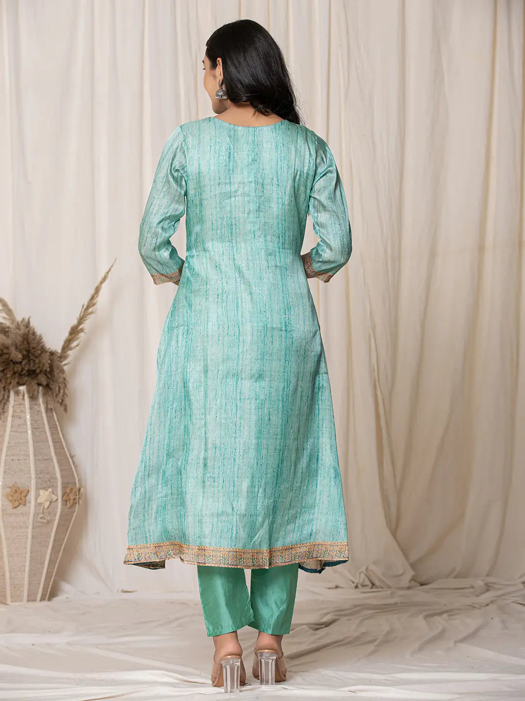 Yufta Cotton Sky Blue A-Line Kurta Dupatta Set | Grocsy