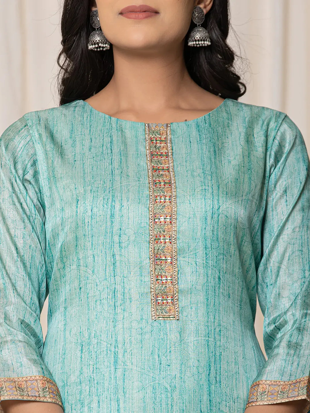 Yufta Cotton Sky Blue A-Line Kurta Dupatta Set | Grocsy