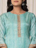 Yufta Cotton Sky Blue A-Line Kurta Dupatta Set | Grocsy