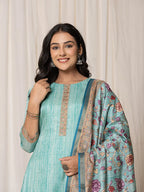 Yufta Cotton Sky Blue A-Line Kurta Dupatta Set | Grocsy