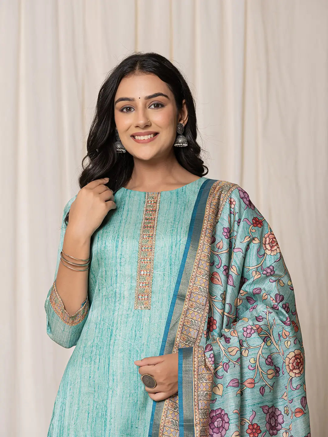 Yufta Cotton Sky Blue A-Line Kurta Dupatta Set | Grocsy