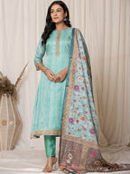Yufta Cotton Sky Blue A-Line Kurta Dupatta Set | Grocsy