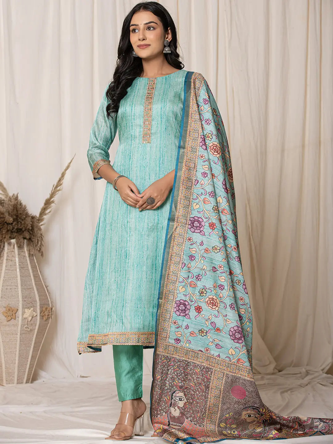 Yufta Cotton Sky Blue A-Line Kurta Dupatta Set | Grocsy