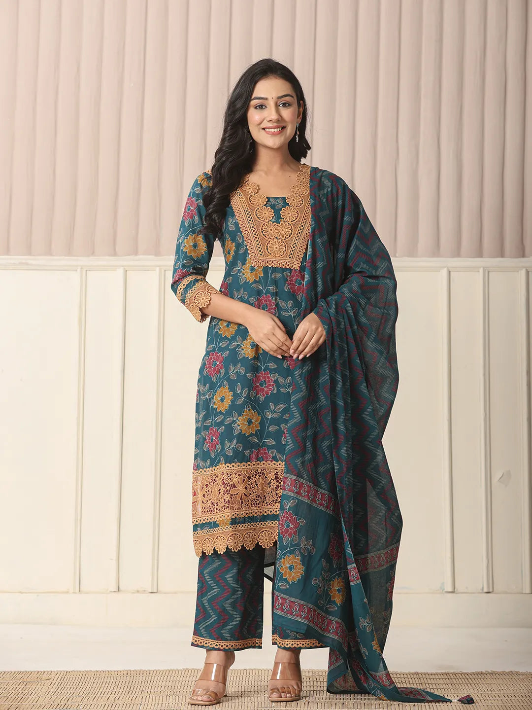 Yufta Cotton Teal Blue Kurta Dupatta Set With Lace Detailing | Grocsy