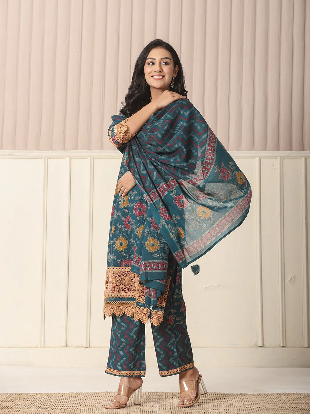Yufta Cotton Teal Blue Kurta Dupatta Set With Lace Detailing | Grocsy