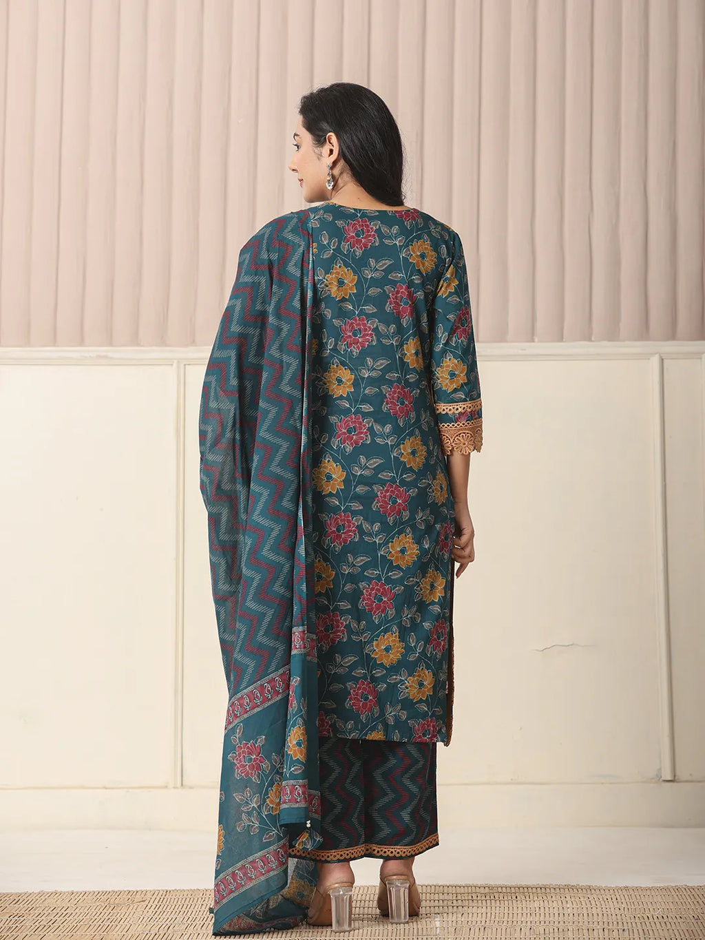 Yufta Cotton Teal Blue Kurta Dupatta Set With Lace Detailing | Grocsy