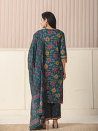 Yufta Cotton Teal Blue Kurta Dupatta Set With Lace Detailing | Grocsy