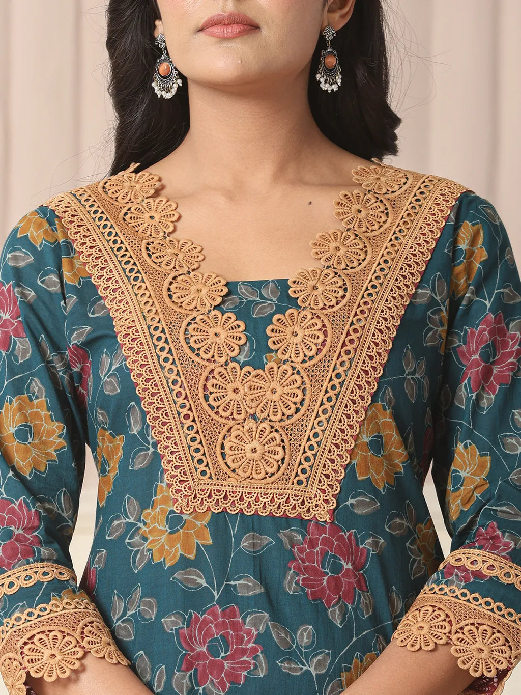 Yufta Cotton Teal Blue Kurta Dupatta Set With Lace Detailing | Grocsy