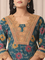 Yufta Cotton Teal Blue Kurta Dupatta Set With Lace Detailing | Grocsy