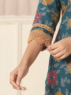 Yufta Cotton Teal Blue Kurta Dupatta Set With Lace Detailing | Grocsy