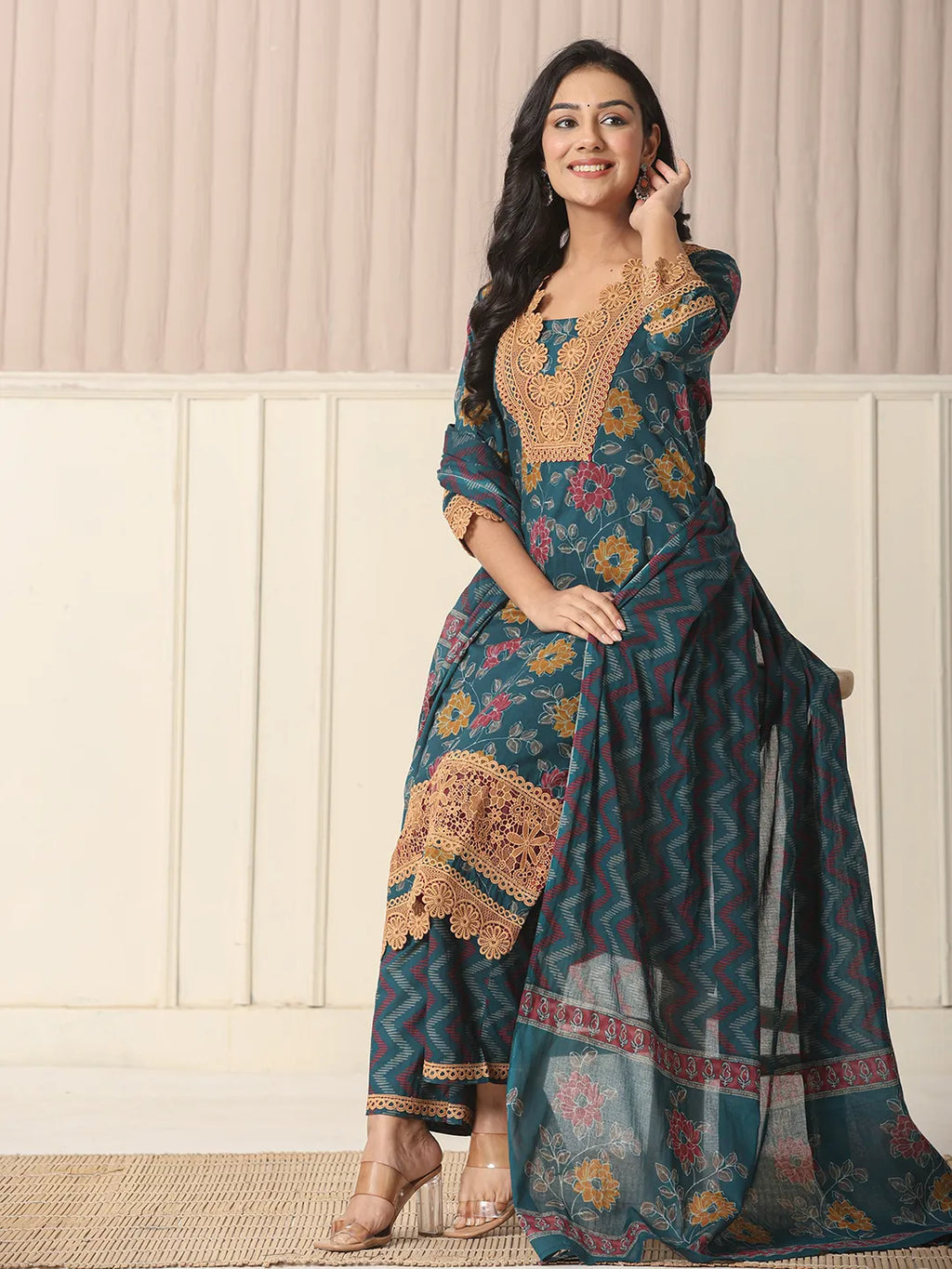 Yufta Cotton Teal Blue Kurta Dupatta Set With Lace Detailing | Grocsy