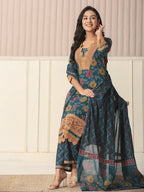 Yufta Cotton Teal Blue Kurta Dupatta Set With Lace Detailing | Grocsy