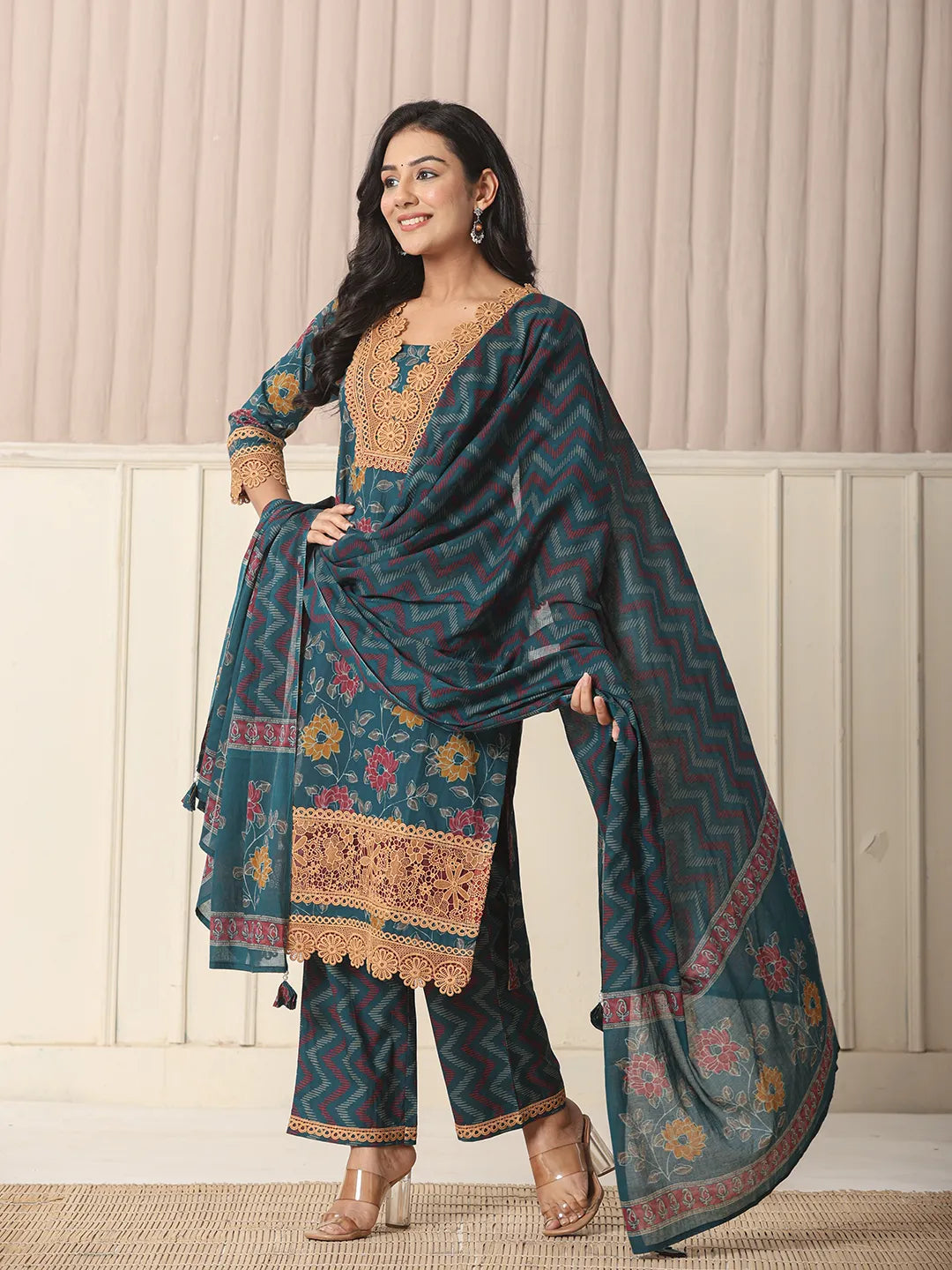 Yufta Cotton Teal Blue Kurta Dupatta Set With Lace Detailing | Grocsy
