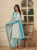 Yufta Cotton Turquoise Blue And White Kurta Dupatta Set | Grocsy