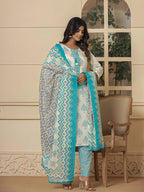 Yufta Cotton Turquoise Blue And White Kurta Dupatta Set | Grocsy