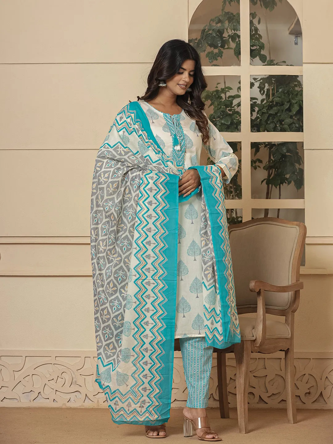 Yufta Cotton Turquoise Blue And White Kurta Dupatta Set | Grocsy