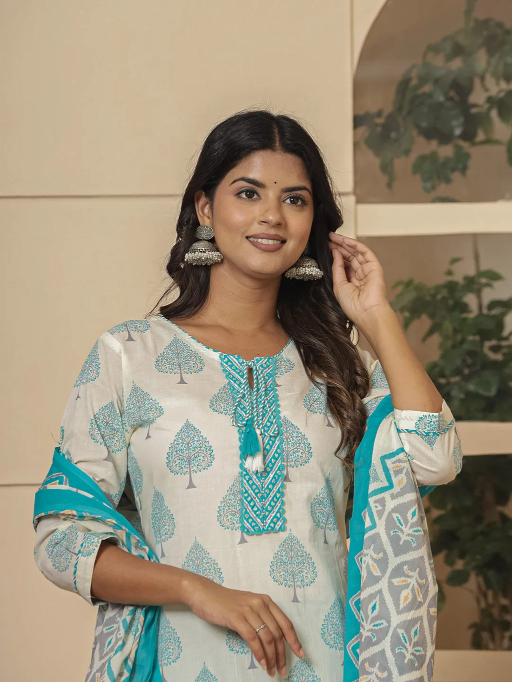 Yufta Cotton Turquoise Blue And White Kurta Dupatta Set | Grocsy