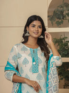 Yufta Cotton Turquoise Blue And White Kurta Dupatta Set | Grocsy